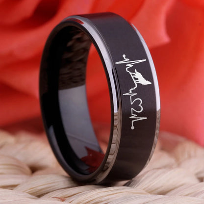 Men’s Black Tungsten Wolf Ring – Heartbeat & Howling Wolf Design