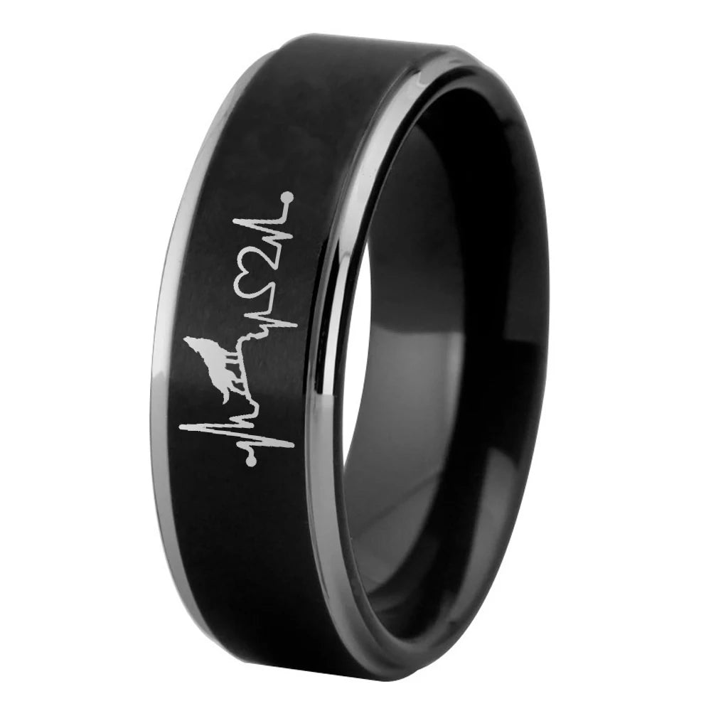 Men’s Black Tungsten Wolf Ring – Heartbeat & Howling Wolf Design