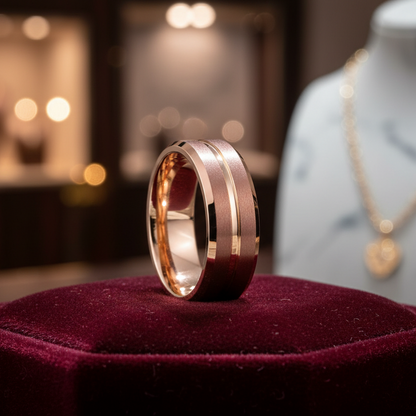 Men’s Brown Tungsten Ring with Rose Gold Groove