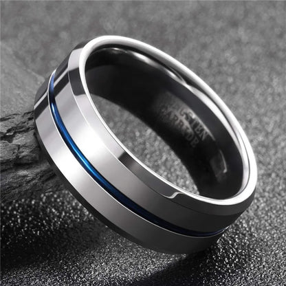 Men’s Silver Tungsten Wedding Band – Blue/Gray Line