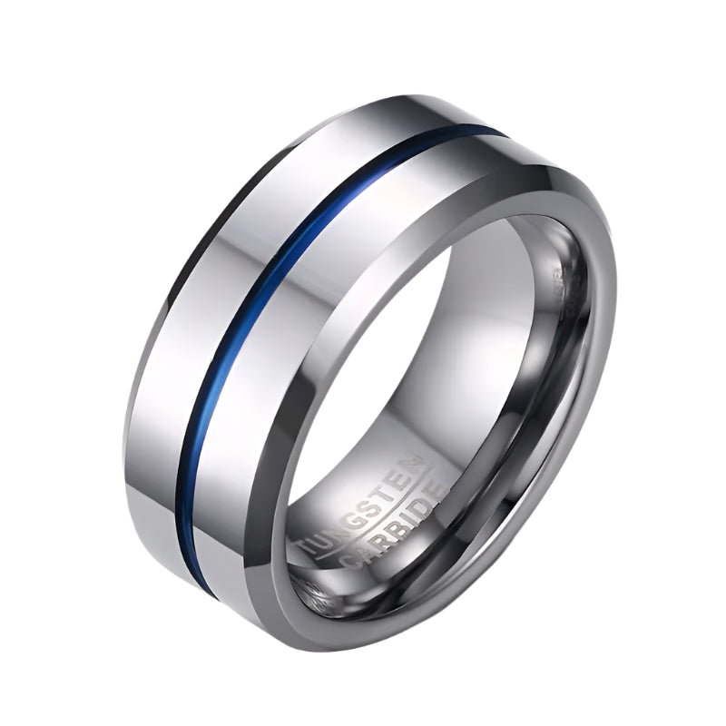 Men’s Silver Tungsten Wedding Band – Blue/Gray Line