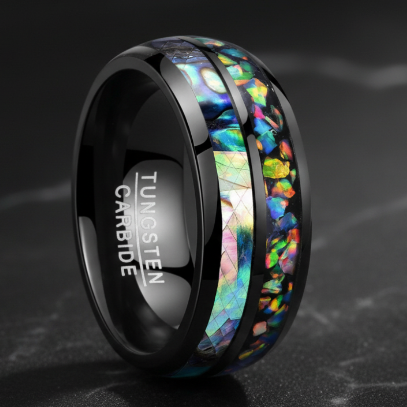 Men’s Black Tungsten Ring with Opal & Shell Inlay - RealTungsten