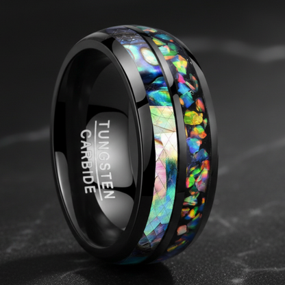 Men’s Black Tungsten Ring with Opal & Shell Inlay - RealTungsten