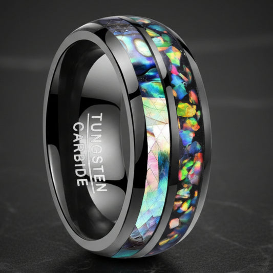 Mens_Black_Tungsten_Ring_with_Opal__Shell_Inlay