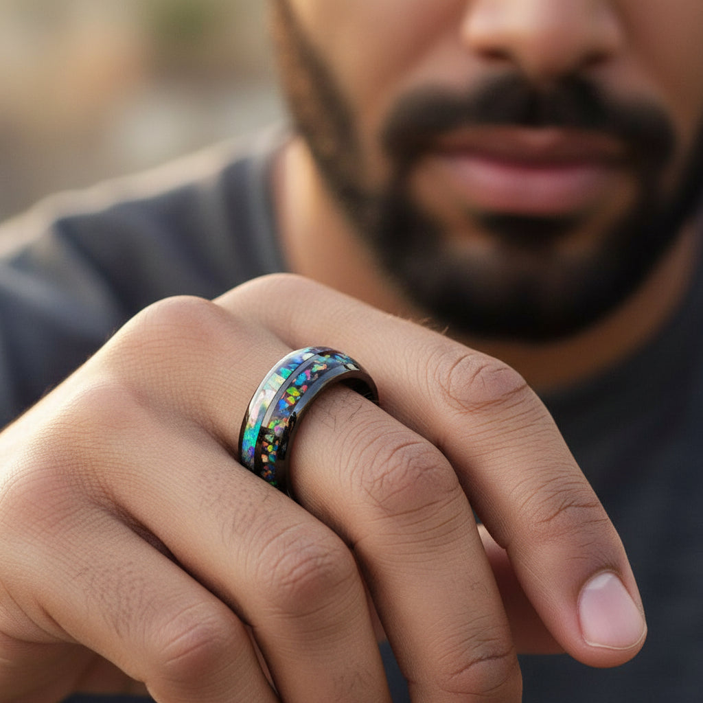 Mens_Black_Tungsten_Ring_with_Opal__Shell_Inlay
