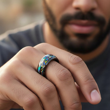 Mens_Black_Tungsten_Ring_with_Opal__Shell_Inlay