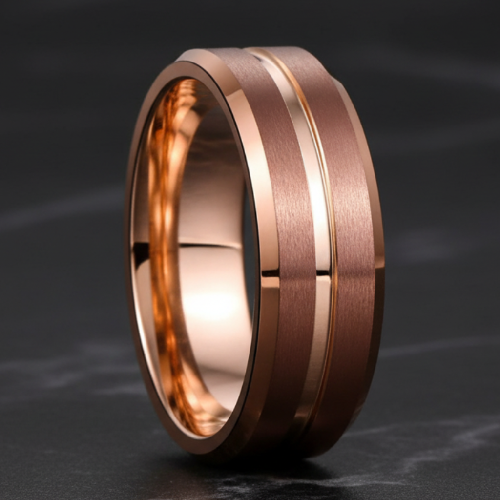Men’s Brown Tungsten Ring with Rose Gold Groove