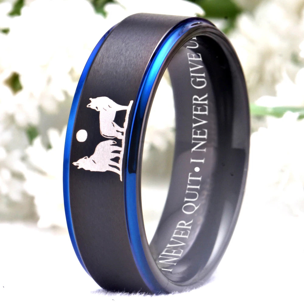 Mens Tungsten Wolf Ring – Alpha Howling Wolf, I Never Quit”