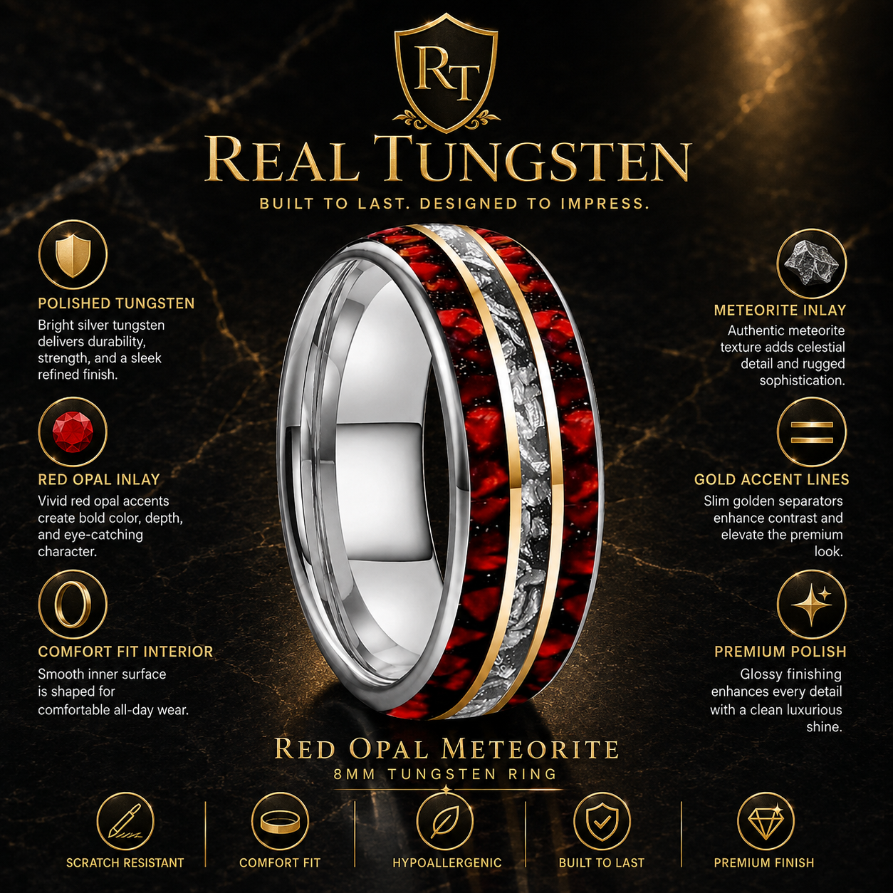 Meteorite Tungsten Ring with Red Opal Inlay