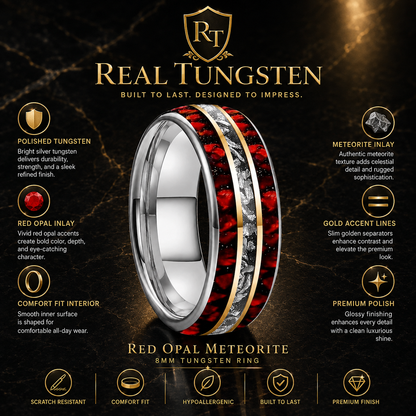 Meteorite Tungsten Ring with Red Opal Inlay