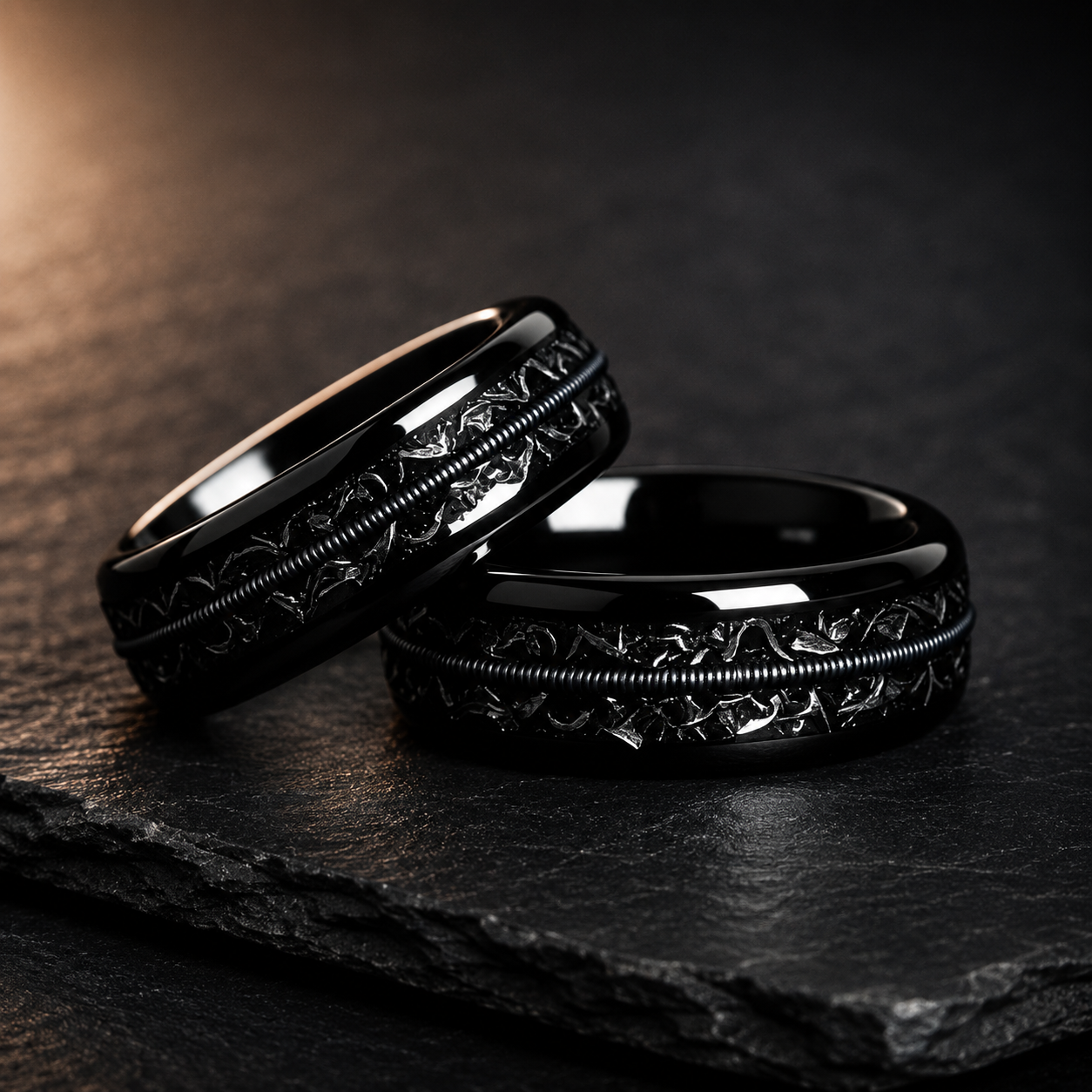 Meteorite and Guitar String Tungsten Ring