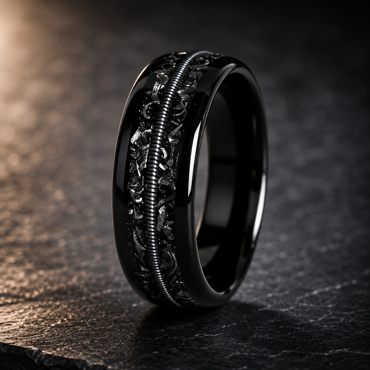 Meteorite and Guitar String Tungsten Ring