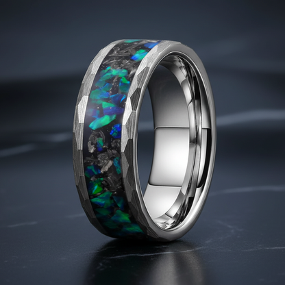 Meteorite and Opal Inlay Black Hammered Tungsten Ring