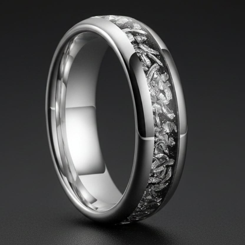 Meteorite Inlaid Tungsten Ring