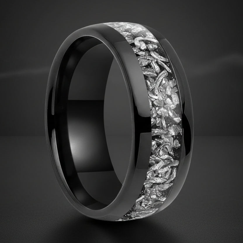 Meteorite Inlaid Tungsten Ring