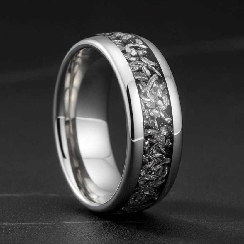 Meteorite Inlaid Tungsten Ring