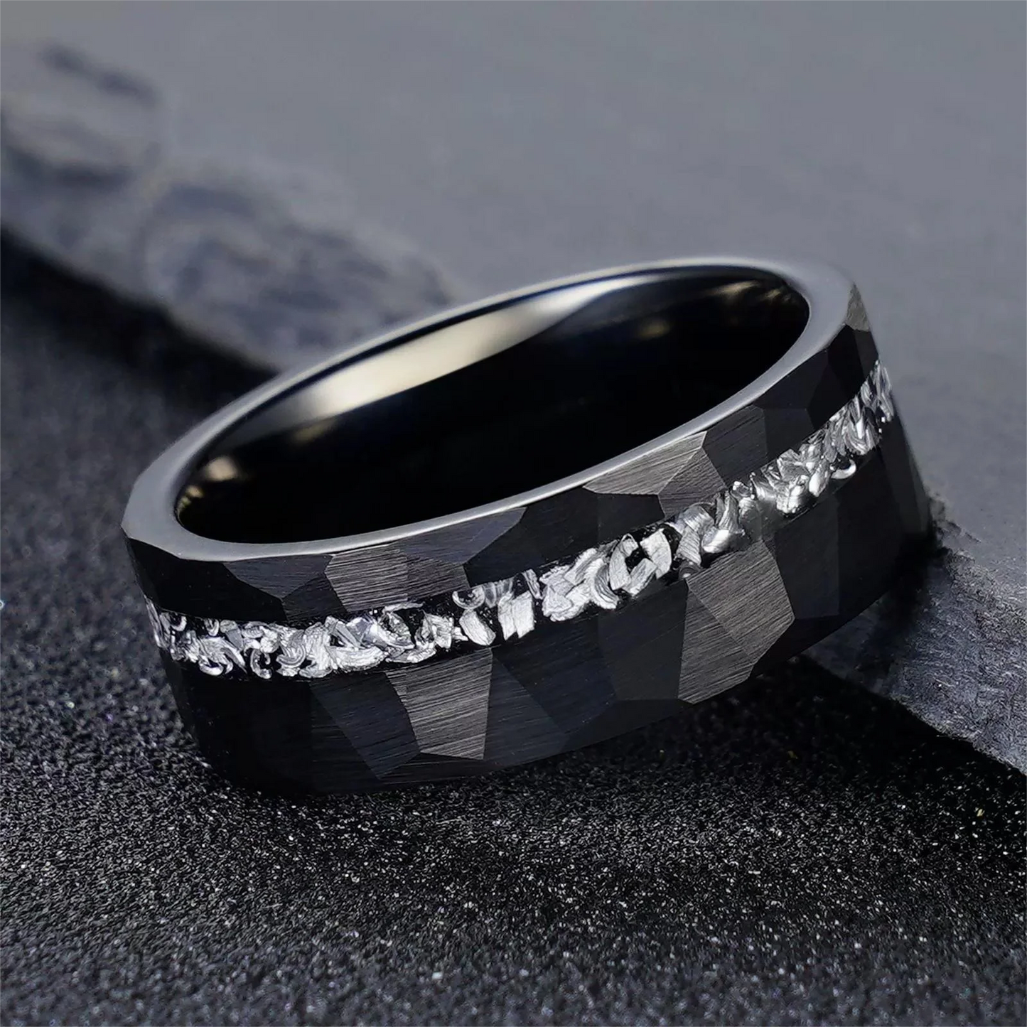 Meteorite Inlay Black  Tungsten Ring