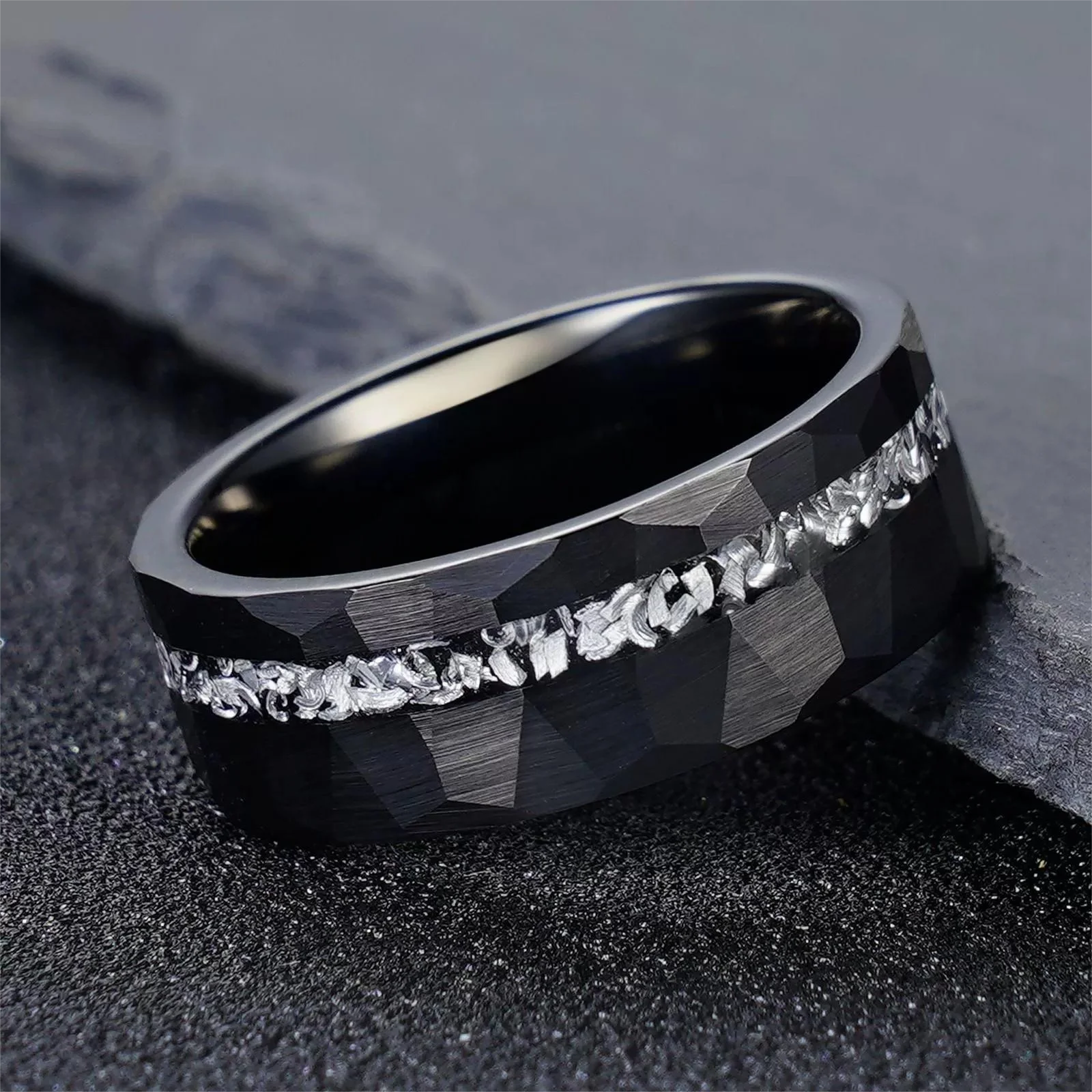 Meteorite Inlay Black  Tungsten Ring