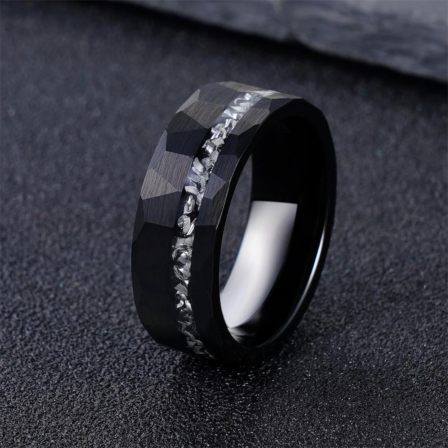 Meteorite Inlay Black  Tungsten Ring