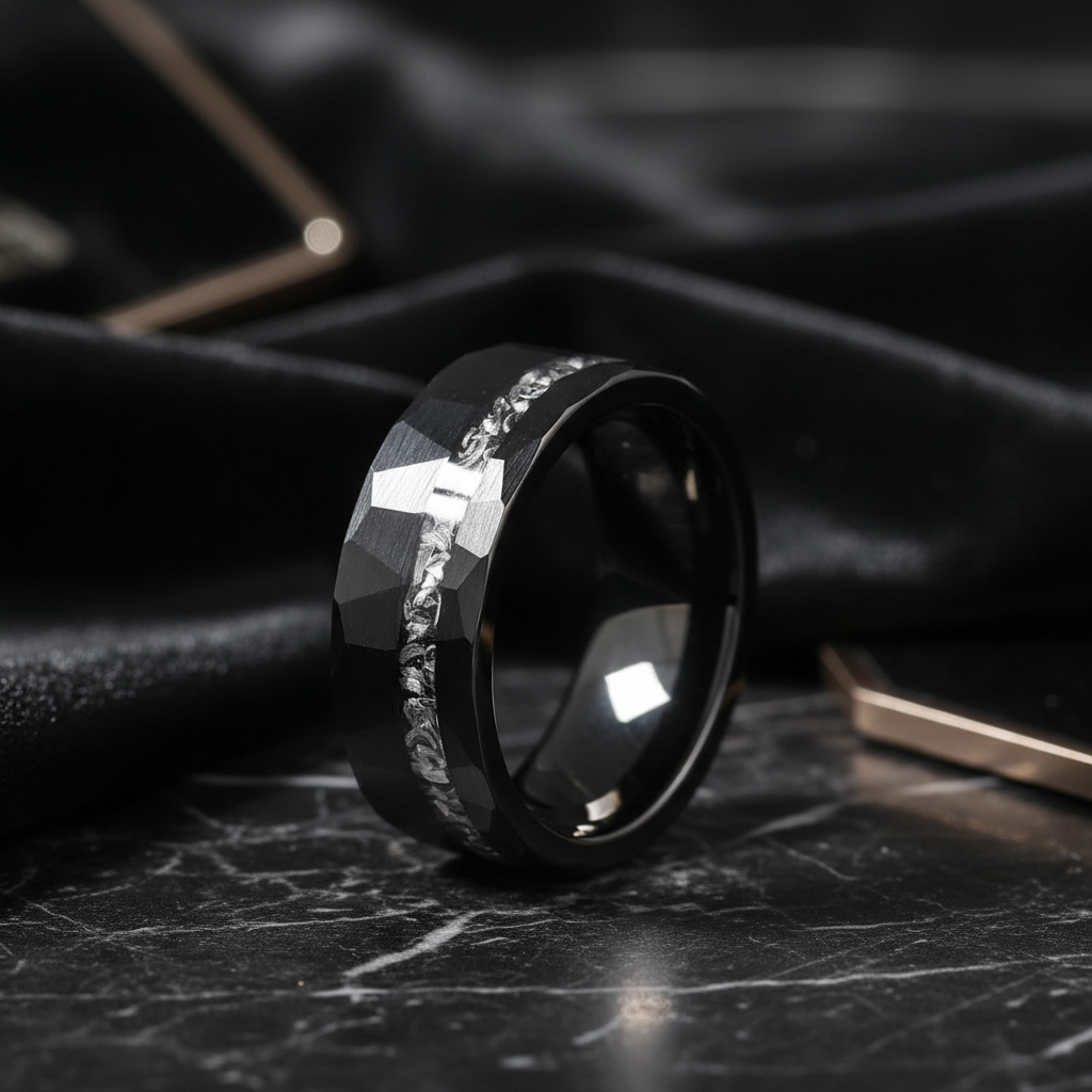 Meteorite Inlay Black  Tungsten Ring