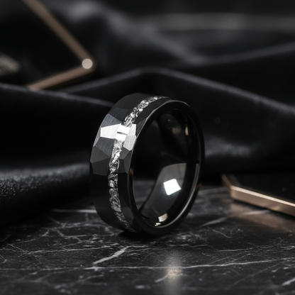 Meteorite Inlay Black  Tungsten Ring