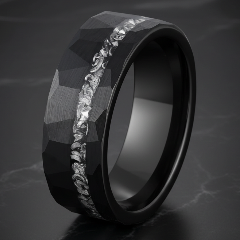Meteorite Inlay Black  Tungsten Ring