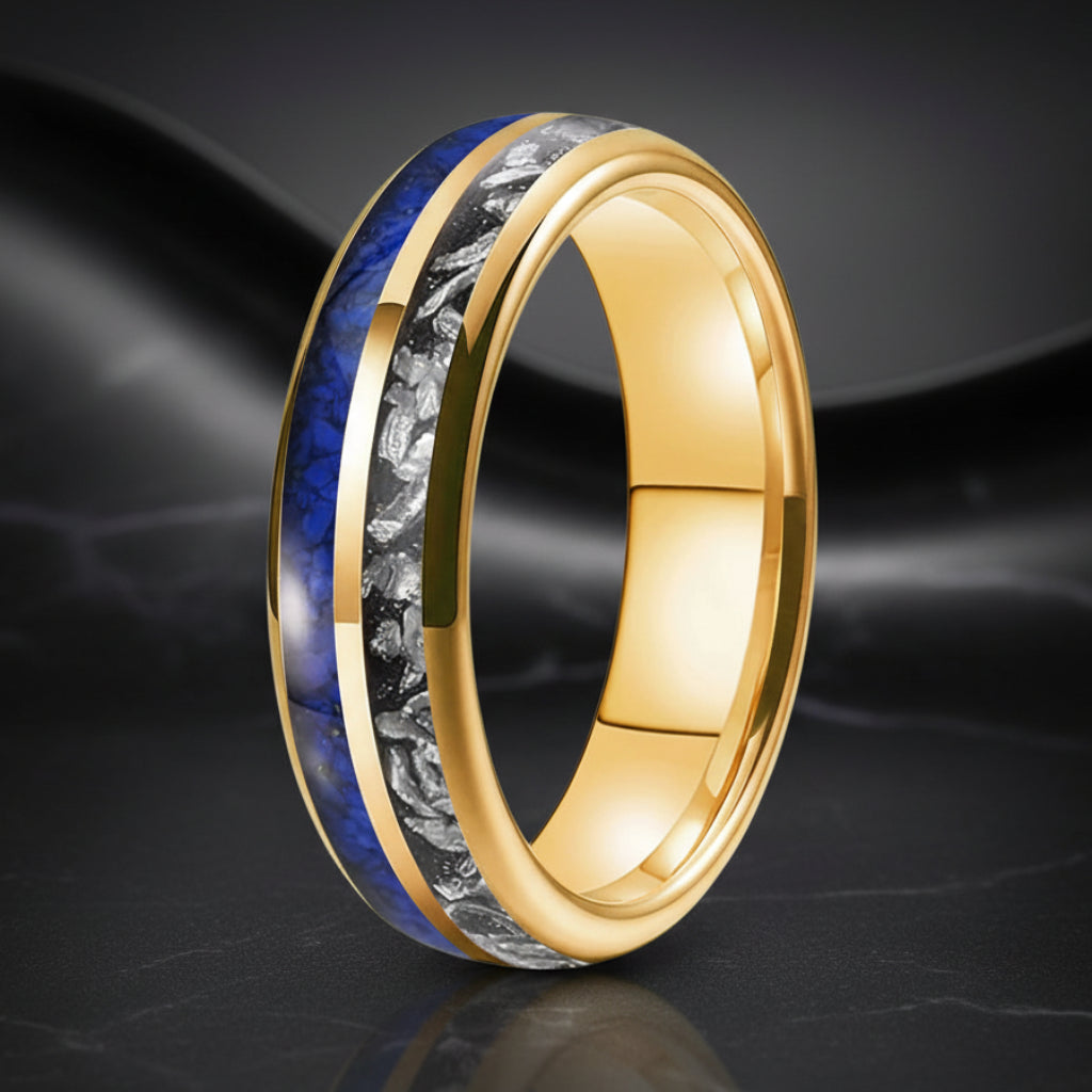 Meteorite & Lapis Lazuli Tungsten Wedding Band