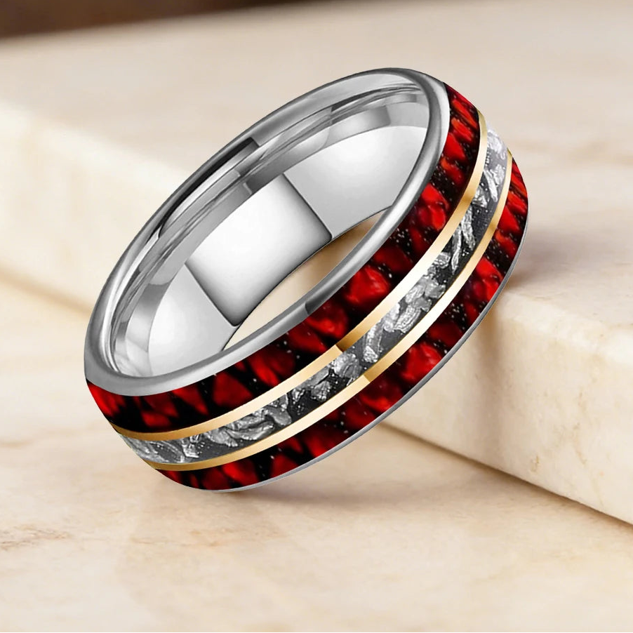 Meteorite Tungsten Ring with Red Opal Inlay (8mm)
