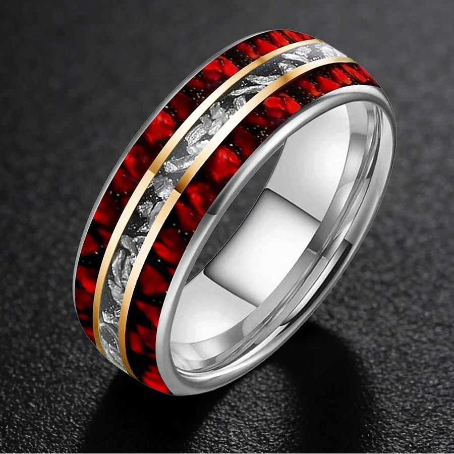 Meteorite Tungsten Ring with Red Opal Inlay (8mm)