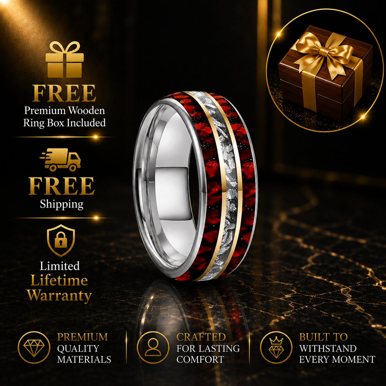 Meteorite Tungsten Ring with Red Opal Inlay