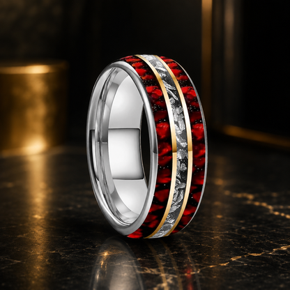 Meteorite Tungsten Ring with Red Opal Inlay