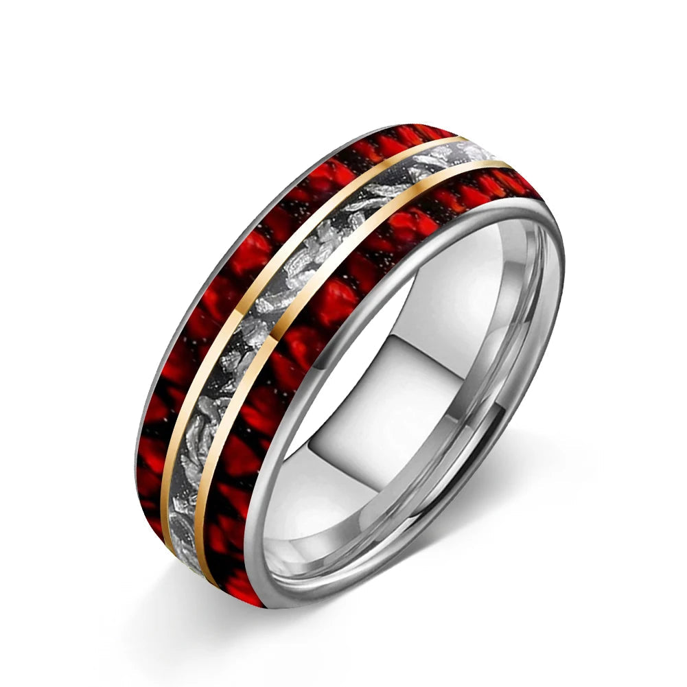 Meteorite Tungsten Ring with Red Opal Inlay (8mm)