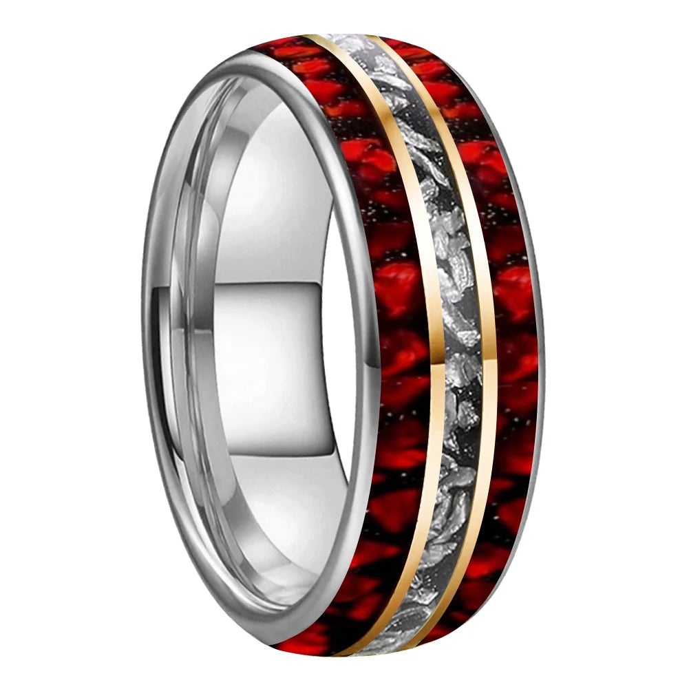 Meteorite Tungsten Ring with Red Opal Inlay (8mm)