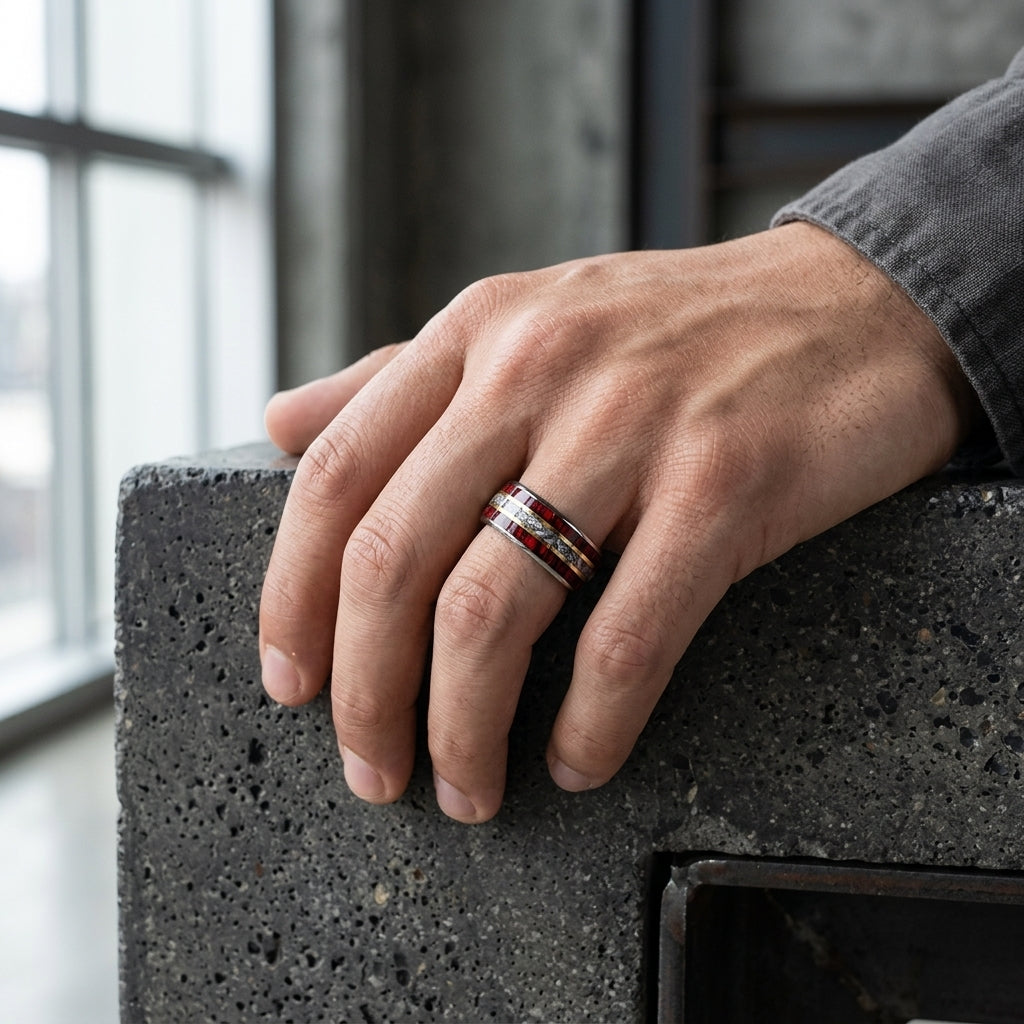 Meteorite Tungsten Ring with Red Opal Inlay (8mm)
