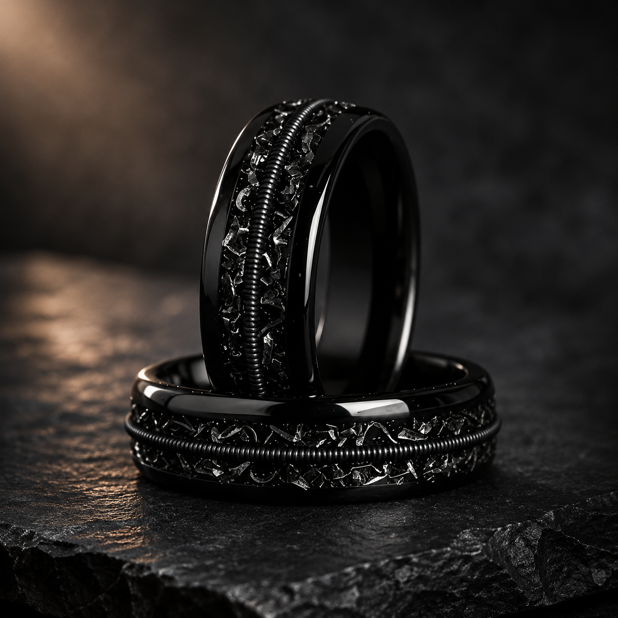 Meteorite and Guitar String Tungsten Ring