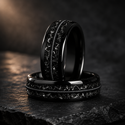 Meteorite and Guitar String Tungsten Ring