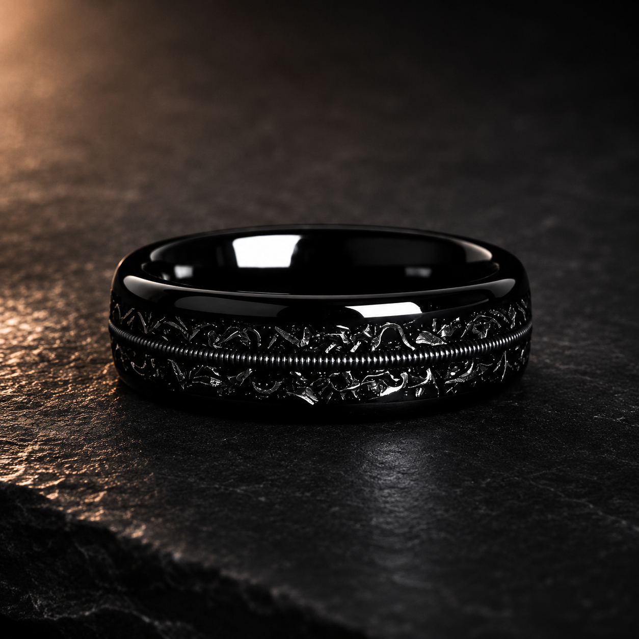 Meteorite and Guitar String Tungsten Ring