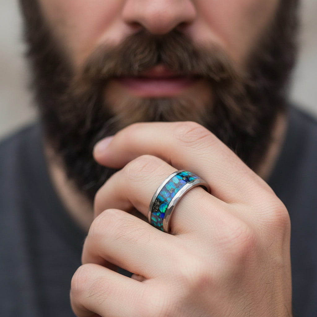 Meteorite and Opal Inlay Black Hammered Tungsten Ring