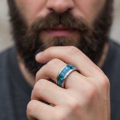 Meteorite and Opal Inlay Black Hammered Tungsten Ring