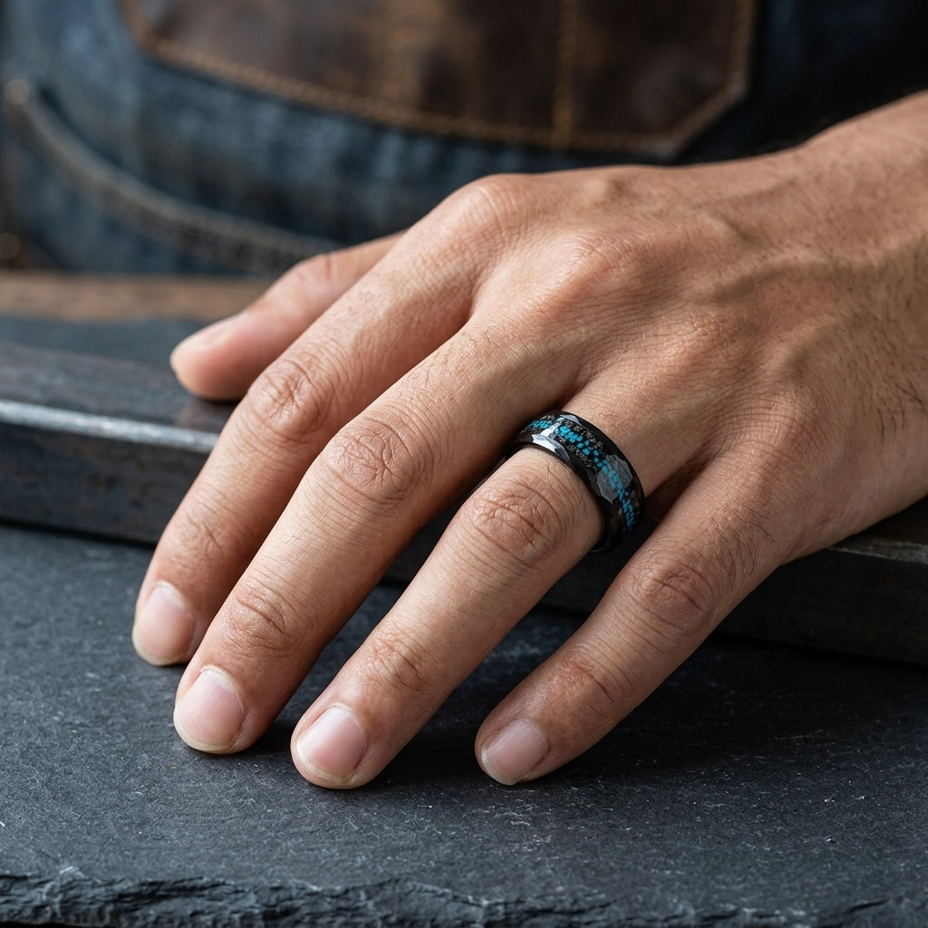 Meteorite and Opal Chip Inlay Hammered Tungsten Carbide Ring