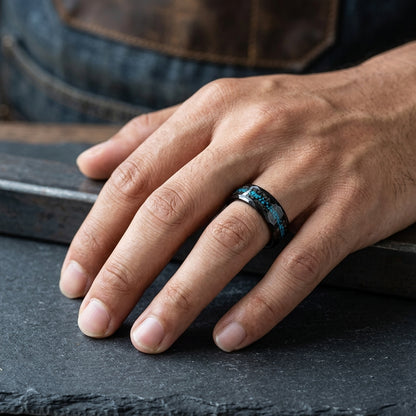 Meteorite and Opal Chip Inlay Hammered Tungsten Carbide Ring