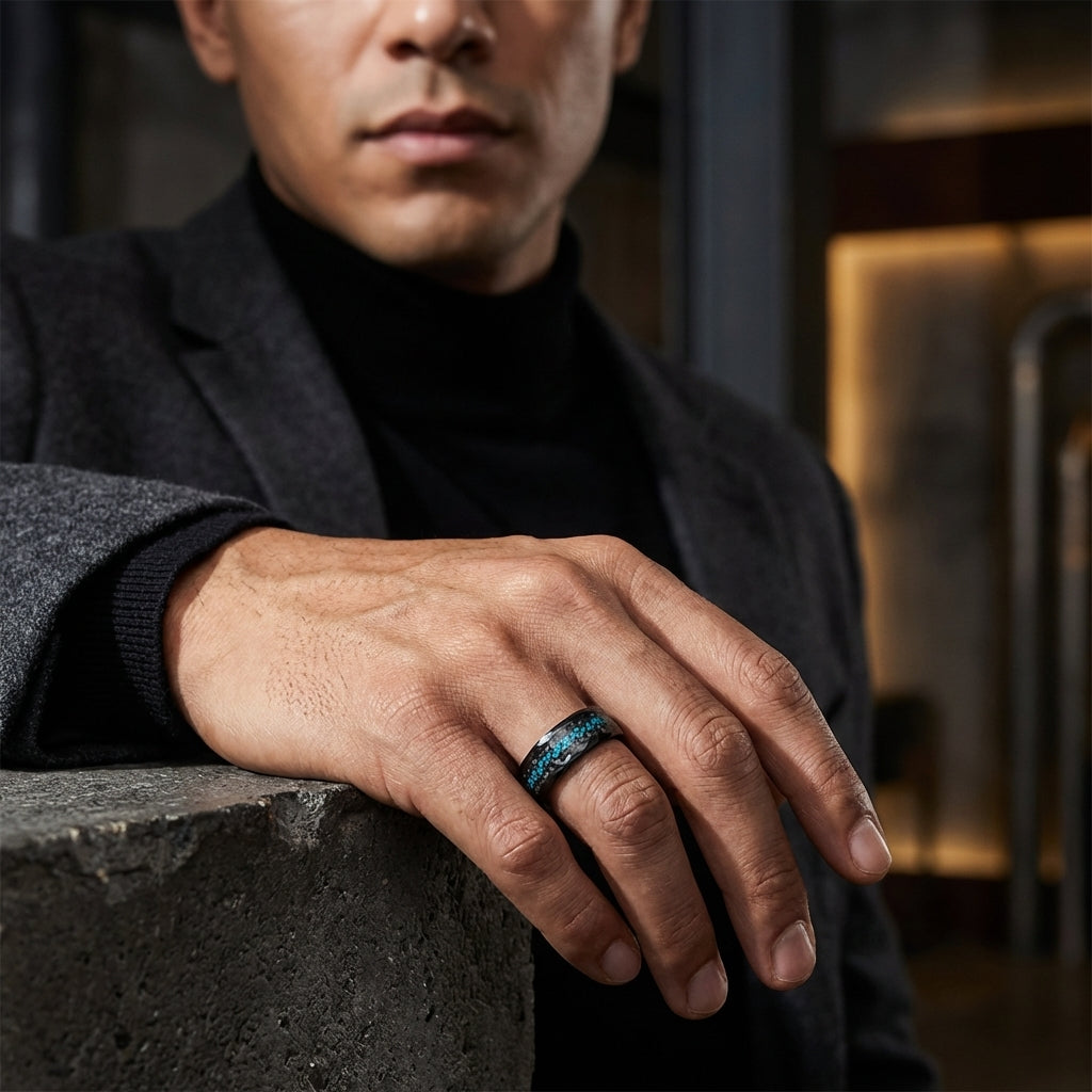 Meteorite and Opal Chip Inlay Hammered Tungsten Carbide Ring