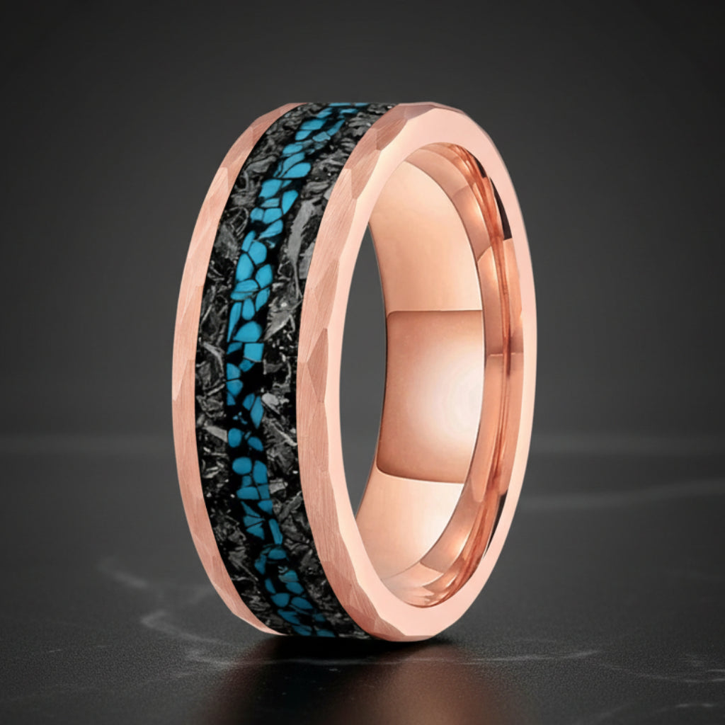 Meteorite and Opal Chip Inlay Hammered Tungsten Carbide Ring