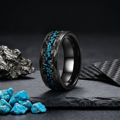Meteorite and Opal Chip Inlay Hammered Tungsten Carbide Ring