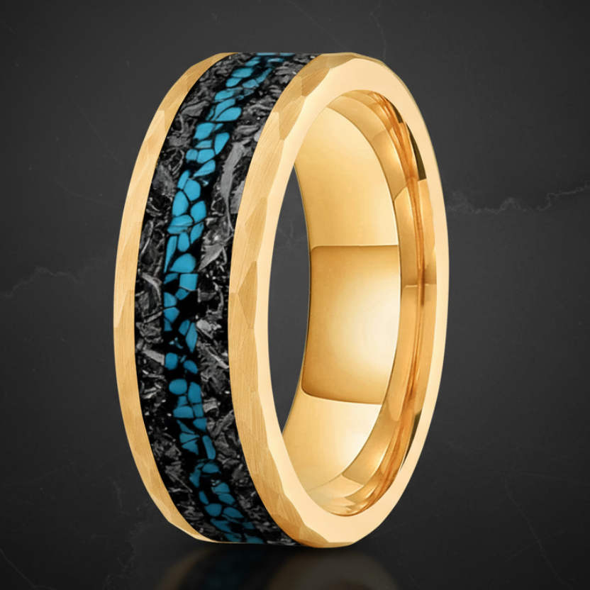 Meteorite and Opal Chip Inlay Hammered Tungsten Carbide Ring