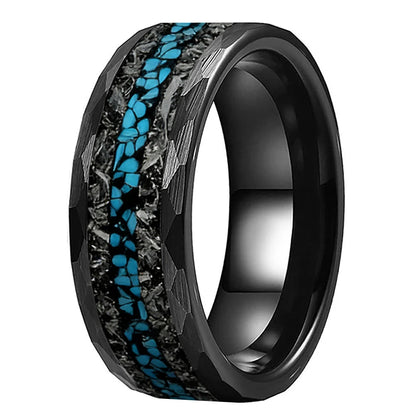 Meteorite and Opal Chip Inlay Hammered Tungsten Carbide Ring