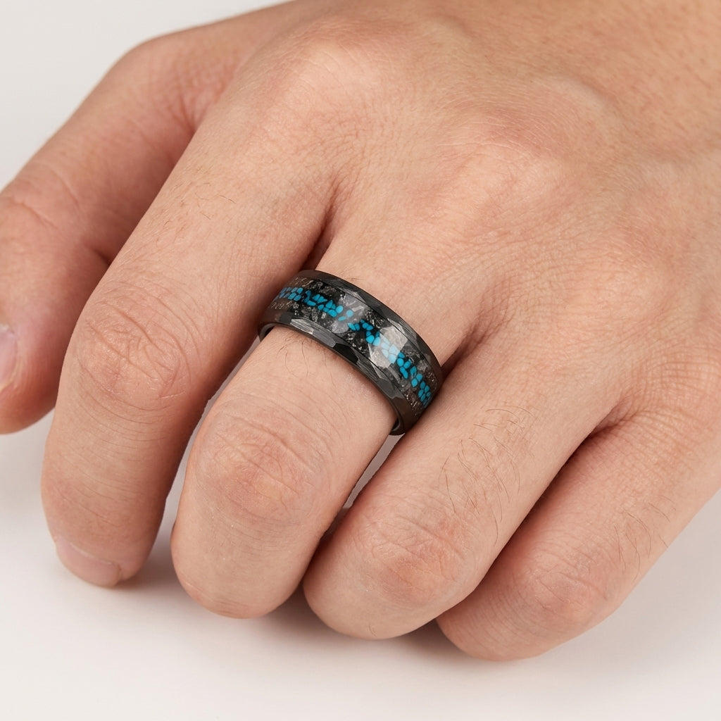 Meteorite and Opal Chip Inlay Hammered Tungsten Carbide Ring