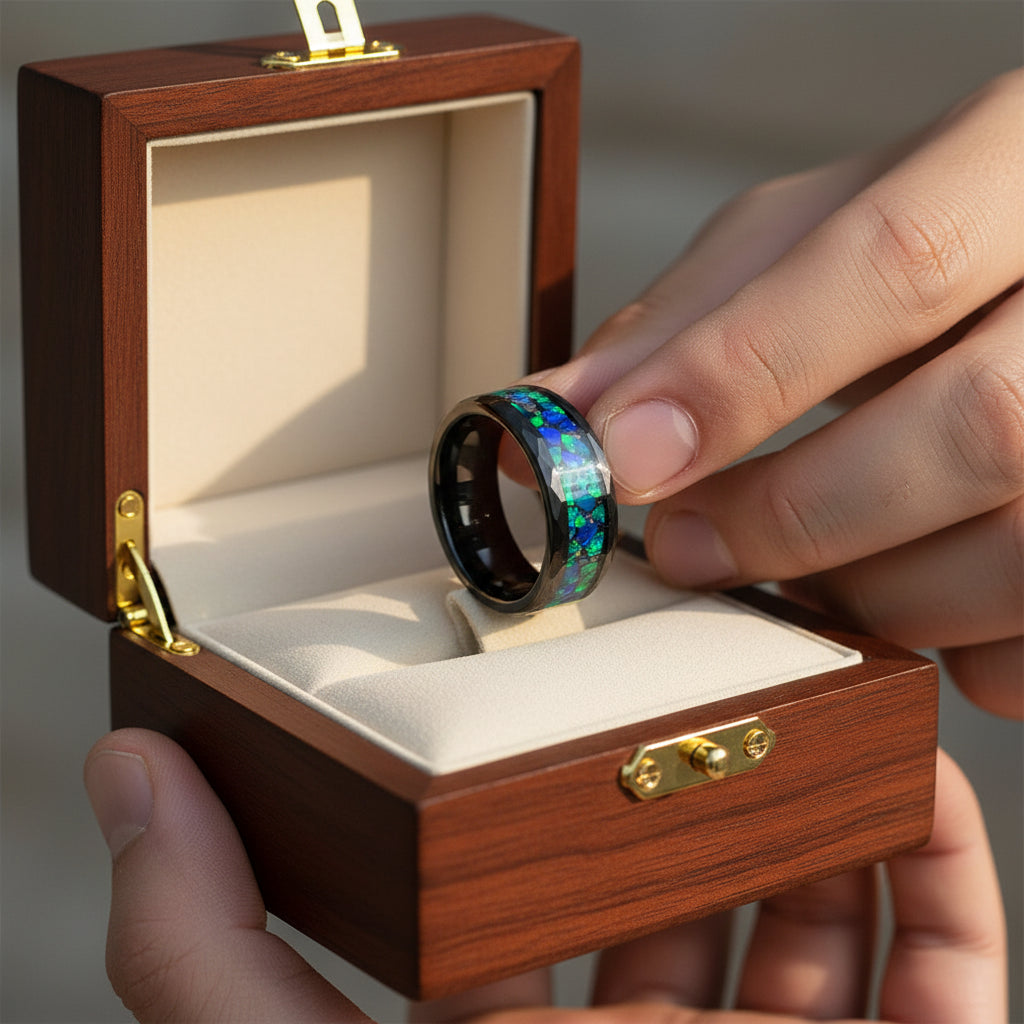 Meteorite and Opal Inlay Black Hammered Tungsten Ring