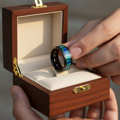 Meteorite and Opal Inlay Black Hammered Tungsten Ring