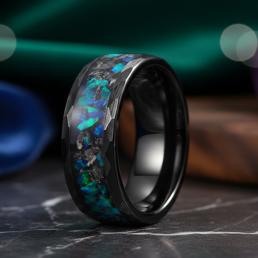 Meteorite and Opal Inlay Black Hammered Tungsten Ring